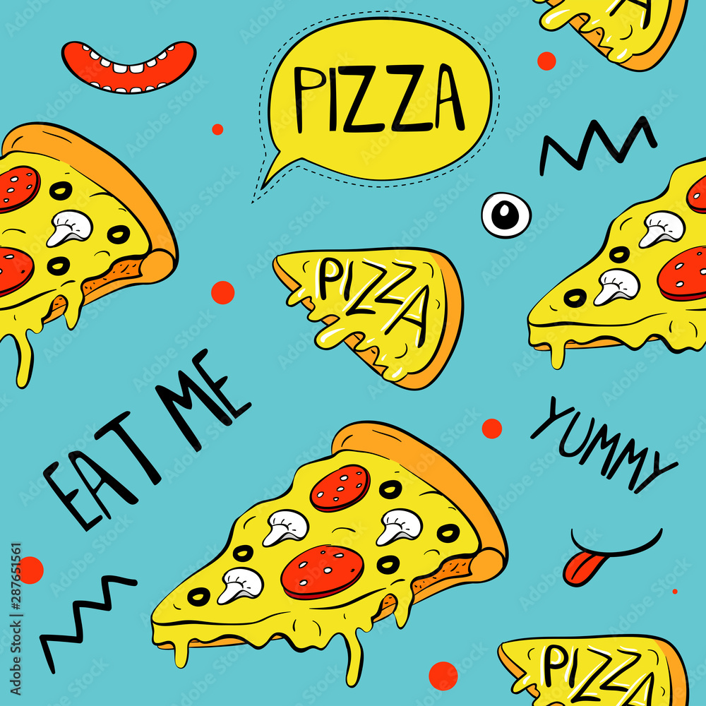 Cartoon pizza slices, seamless pattern. Vector illustrations. Print ...