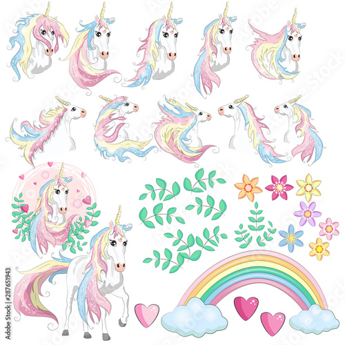 Large set with unicorns, flowers, leaves, hearts, rainbow and other design elements.