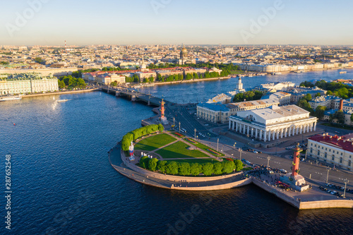 Spit of Vasilyevsky Island. St. Petersburg. Neva River. Summer view of Petersburg. Exchange. Rastral columns. The Cabinet of Curiosities. The Palace Bridge.