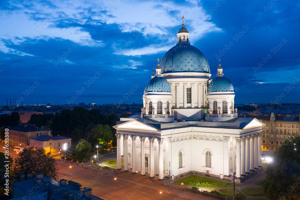 Saint Petersburg. Russia. Trinity Cathedral in St. Petersburg. Evening Izmailovsky Cathedral. St. Petersburg temples. Evening panorama of Saint Petersburg. Russian cities.