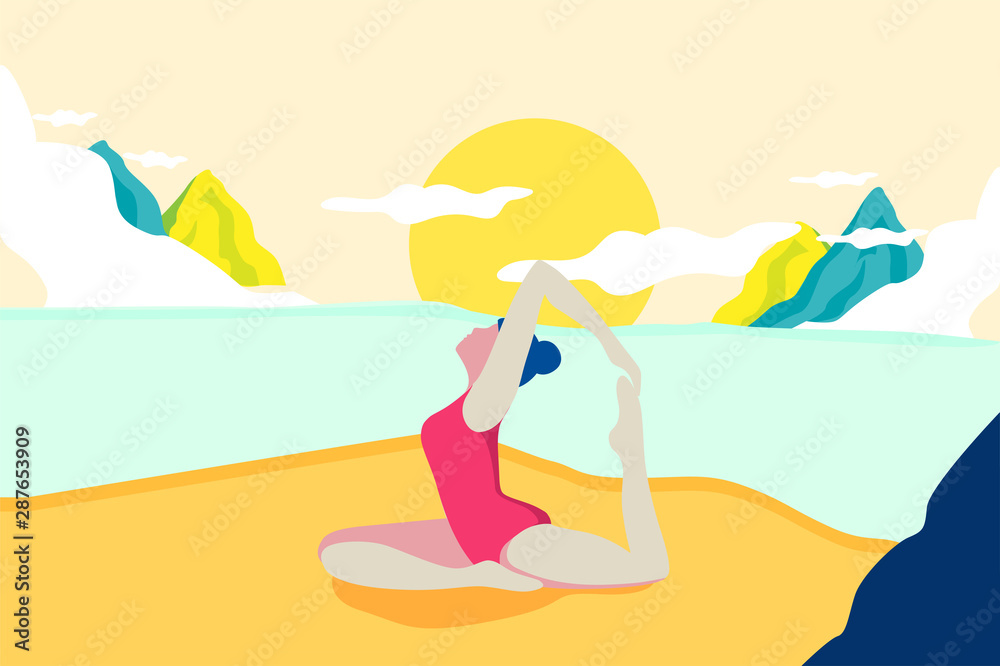 Young woman doing yoga at the beach. Colorful flat illustration.