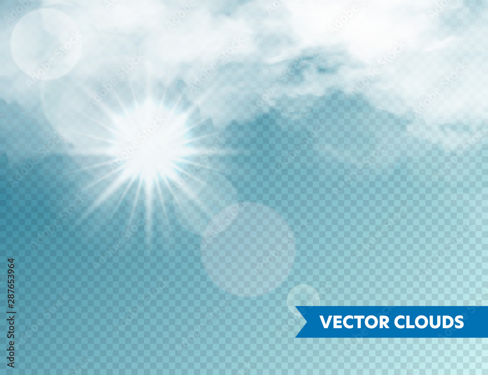 Fototapeta premium Realistic Clouds with Sun Flare. Isolated Cloud on Blue Transparent Background. Sky Panorama. Vector Design Element.