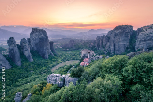 The sun sets in Meteora, Greece