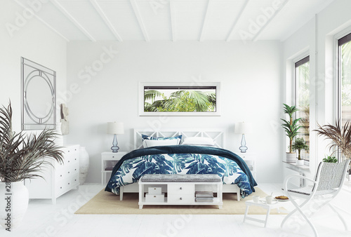 White tropical bedroom interior, Coastal style, 3d render