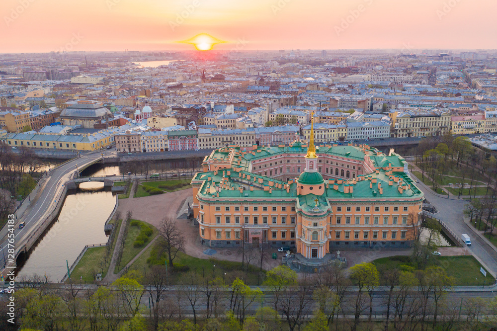 Saint-Petersburg. Russia. Panorama of St. Petersburg city at summer sunset. Engineering castle top view. Mikhailovsky castle. Architectural monuments of Petersburg. Museums of St. Petersburg.