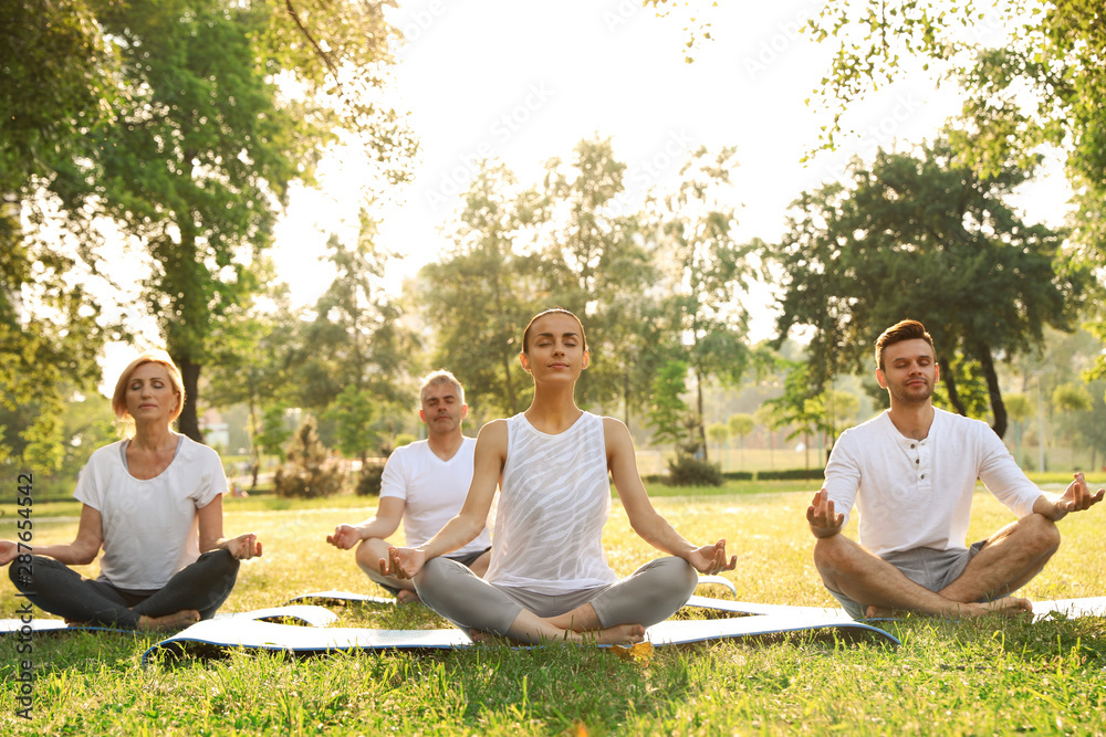 People practicing yoga in park at morning People practicing yoga in park at morning