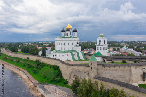 Velikaya River. View of the Pskov Kremlin and Trinity Cathedral