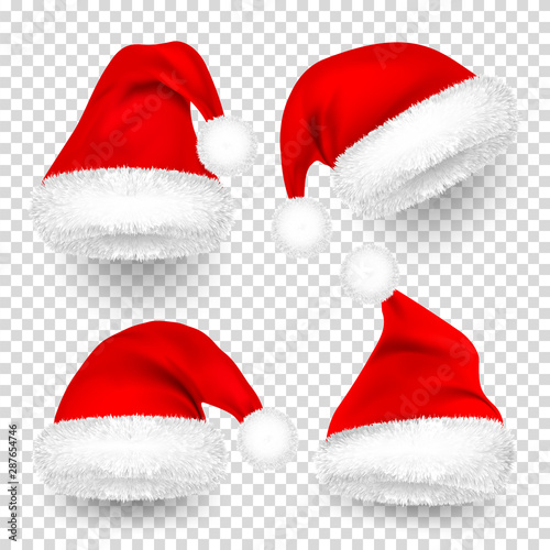 Christmas Santa Claus Hats With Fur and Shadow Set. New Year Red Hat Isolated on Transparent Background. Winter Cap. Vector illustration.