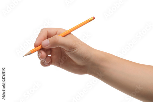 Young man holding pencil on white background, closeup