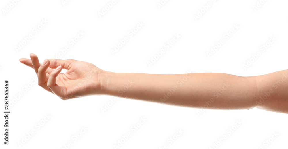 Young woman holding something on white background, closeup Young woman holding something on white background, closeup