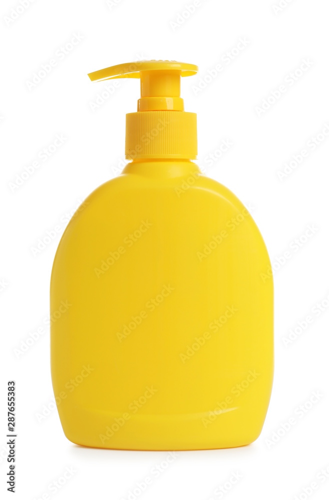 Yellow bottle with sun protection body lotion on white background. Cosmetic product Yellow bottle with sun protection body lotion on white background. Cosmetic product