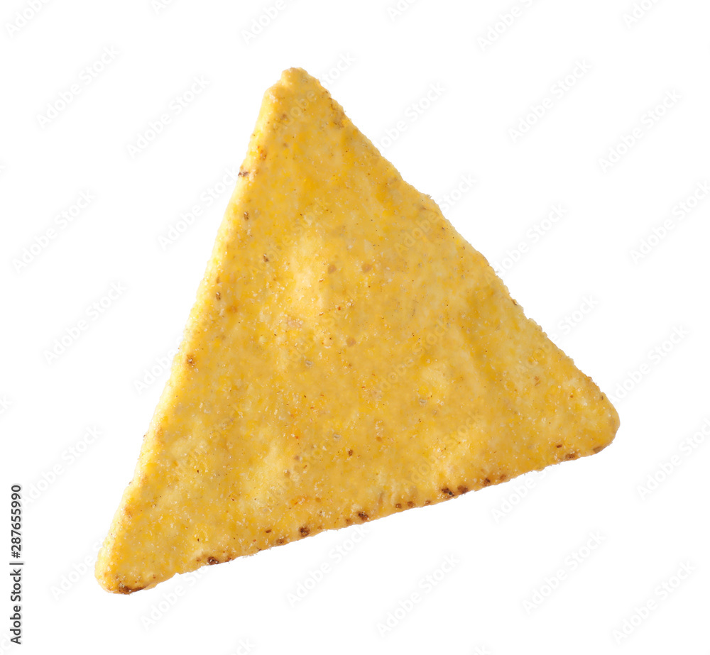 Tasty Mexican nacho chip on white background