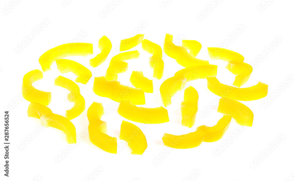 Slices of ripe bell pepper on white background. Layer for pizza Slices of ripe bell pepper on white background. Layer for pizza