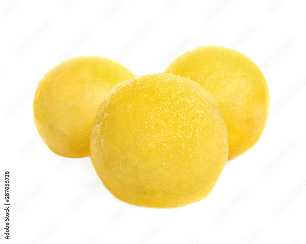 Juicy sweet melon balls on white background