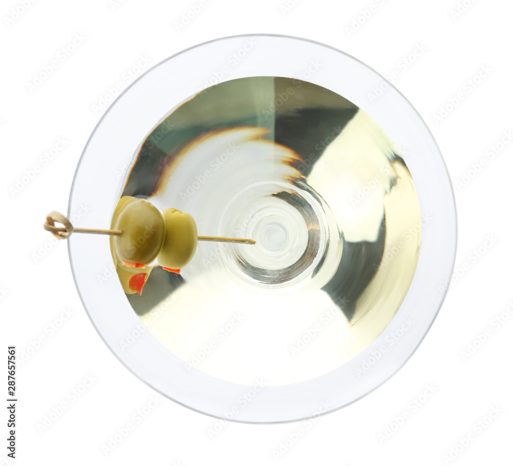 Glass of Classic Dry Martini with olives on white background, top view Glass of Classic Dry Martini with olives on white background, top view