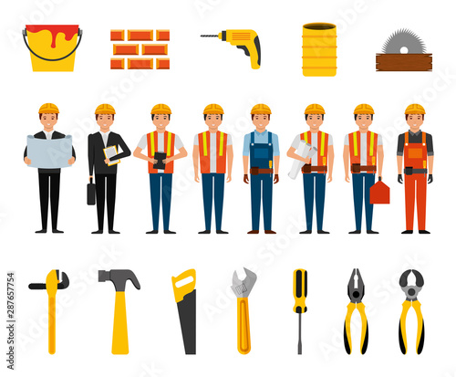 bundle of construction workers and tools