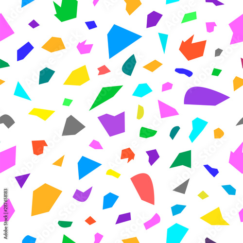 Terrazzo geometric texture. Abstract seamless pattern with colorful sprinkles scattered on white background. Creative vector illustration for backdrop, textile print, wrapping paper