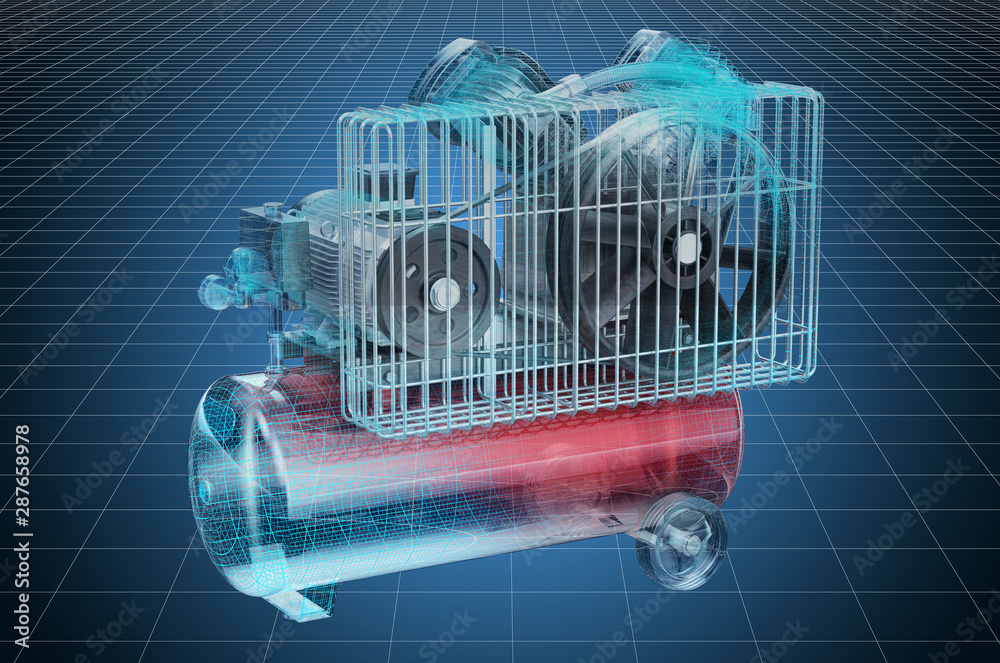 Visualization 3d cad model of tank air compressor, blueprint. 3D rendering StockIllustration