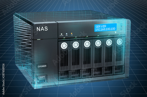 Visualization 3d cad model of NAS with six disks, blueprint. 3D rendering photo