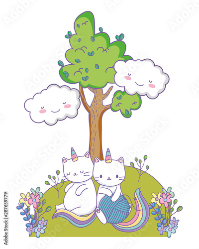 Unicorn cat cartoon couple vector design
