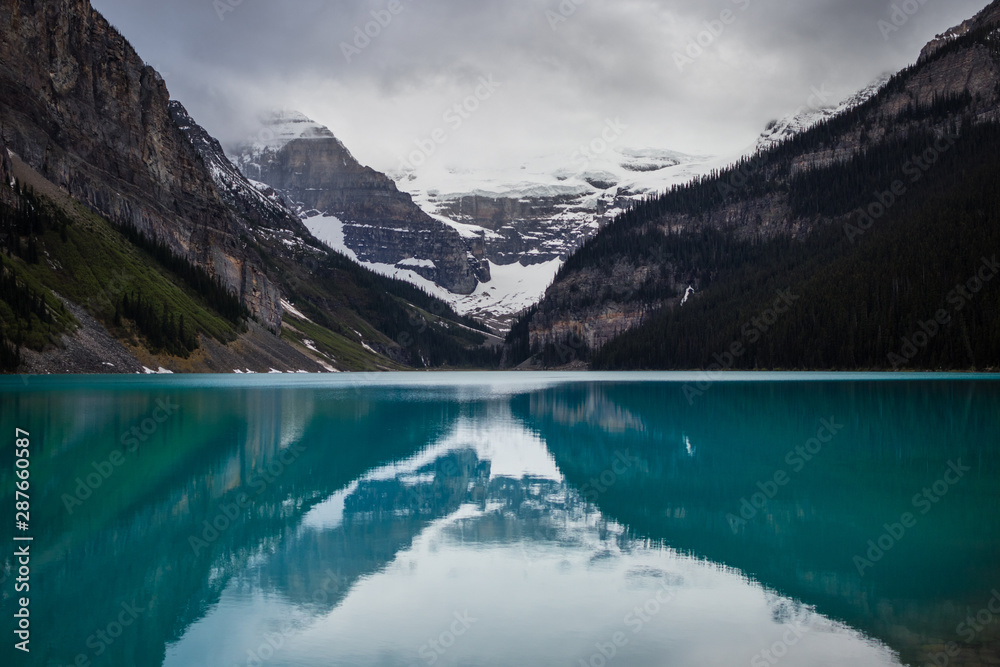 Rare Cloudy day over lake louise with great and dramatic mood
