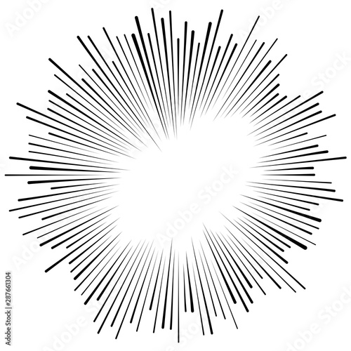 Radial, radiating beams, rays starburst, sunburst lines. Circular burst, firework, blast or explosion effect. Concentric, converging array sparkle effect. Irregular, dashed stripes