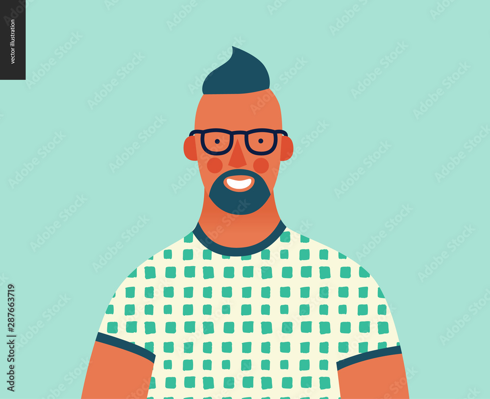 Bright people portrait - hand drawn flat style vector design concept illustration of young bearded man wearing glasses, face and shoulders avatar. Flat style vector icon