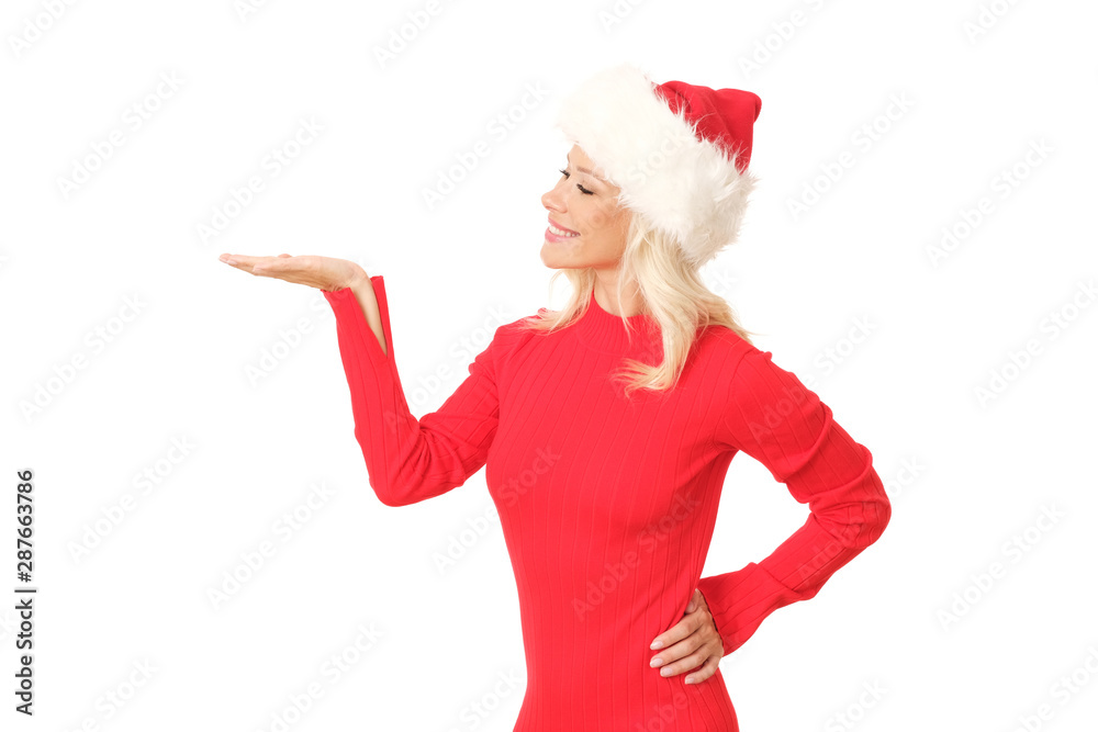 Little santa helper is showing sth on the side. Little santa helper is showing sth on the side.