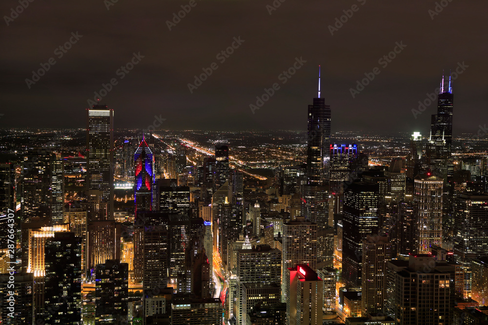 Aerial panoramic view of Chicago skyline at night, Illinois, USA