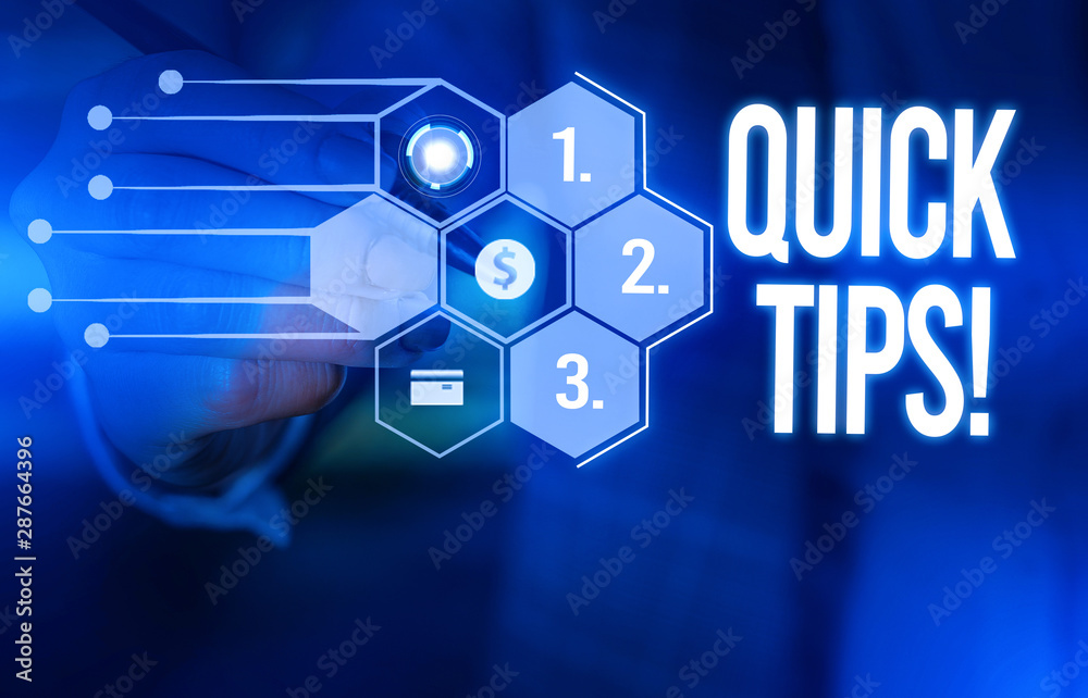 Handwriting text Quick Tips. Conceptual photo small but particularly useful piece of practical advice Male human wear formal work suit presenting presentation using smart device Handwriting text Quick Tips. Conceptual photo small but particularly useful piece of practical advice Male human wear formal work suit presenting presentation using smart device