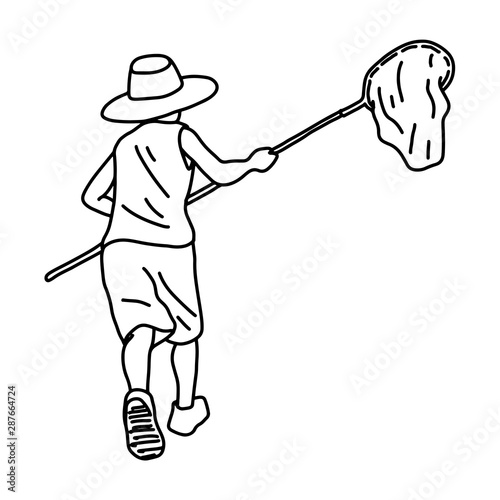 kid catching something with the net vector illustration sketch doodle hand drawn with black lines isolated on white background