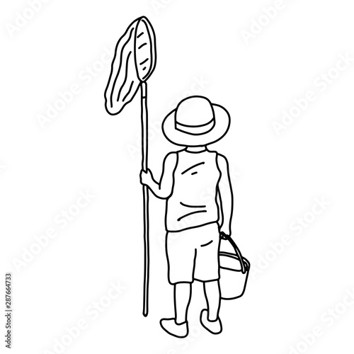 back of boy holding net and bucket vector illustration sketch doodle hand drawn with black lines isolated on white background
