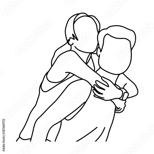 couple piggyback ride vector illustration sketch doodle hand drawn with black lines isolated on white background