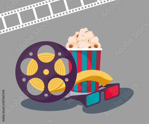 tape reel cinema with eyeglasses and popcorn