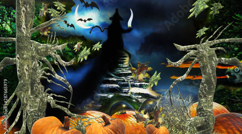 Halloween background with pumpkin and witch