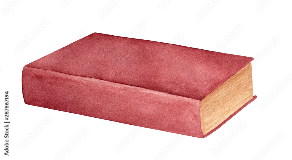 Watercolor illustration of old closed book with dark red cover. One single object, side view. Handdrawn watercolour sketchy painting on white background, cutout clip art element for design decoration. Watercolor illustration of old closed book with dark red cover. One single object, side view. Handdrawn watercolour sketchy painting on white background, cutout clip art element for design decoration.