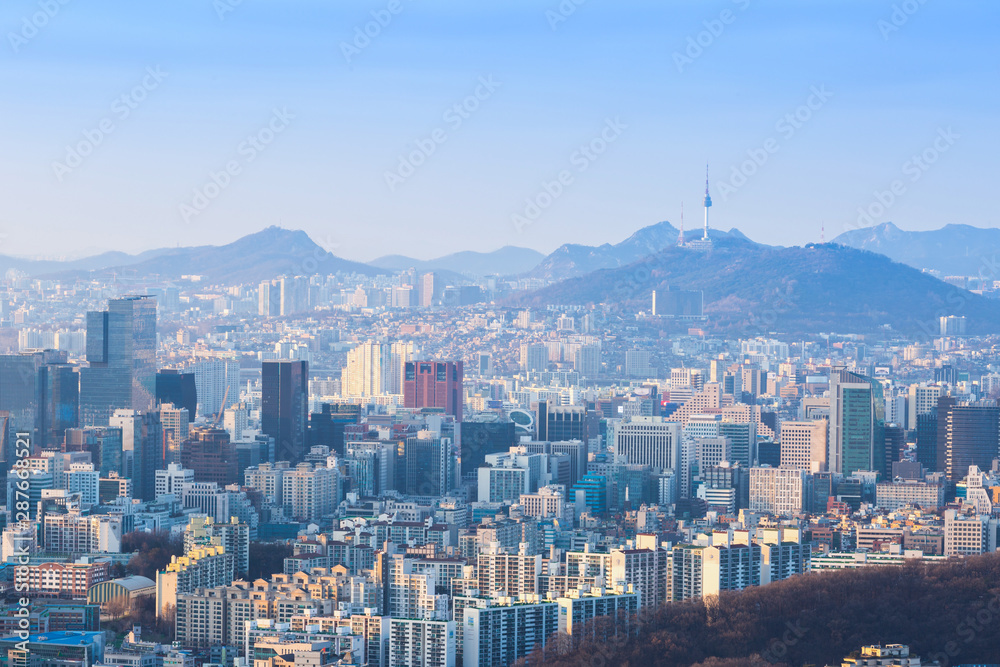 Obraz premium Seoul city and Downtown skyline in aerial, South Korea