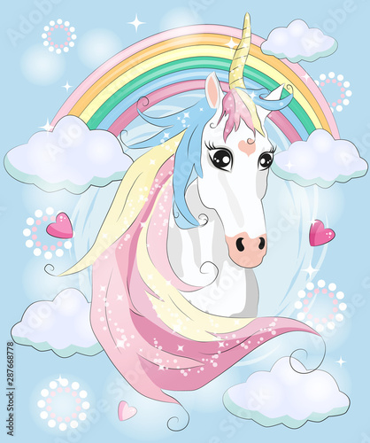 Magic cute unicorn, stars, clouds and moon poster, greeting card, illustration with outline