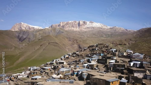 Aerial Fly Over Ancient Village In The Mountains On A Sunny Day