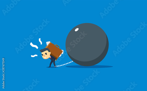 A businessman's feet are tied to a large iron ball while holding a briefcase. vector illustration