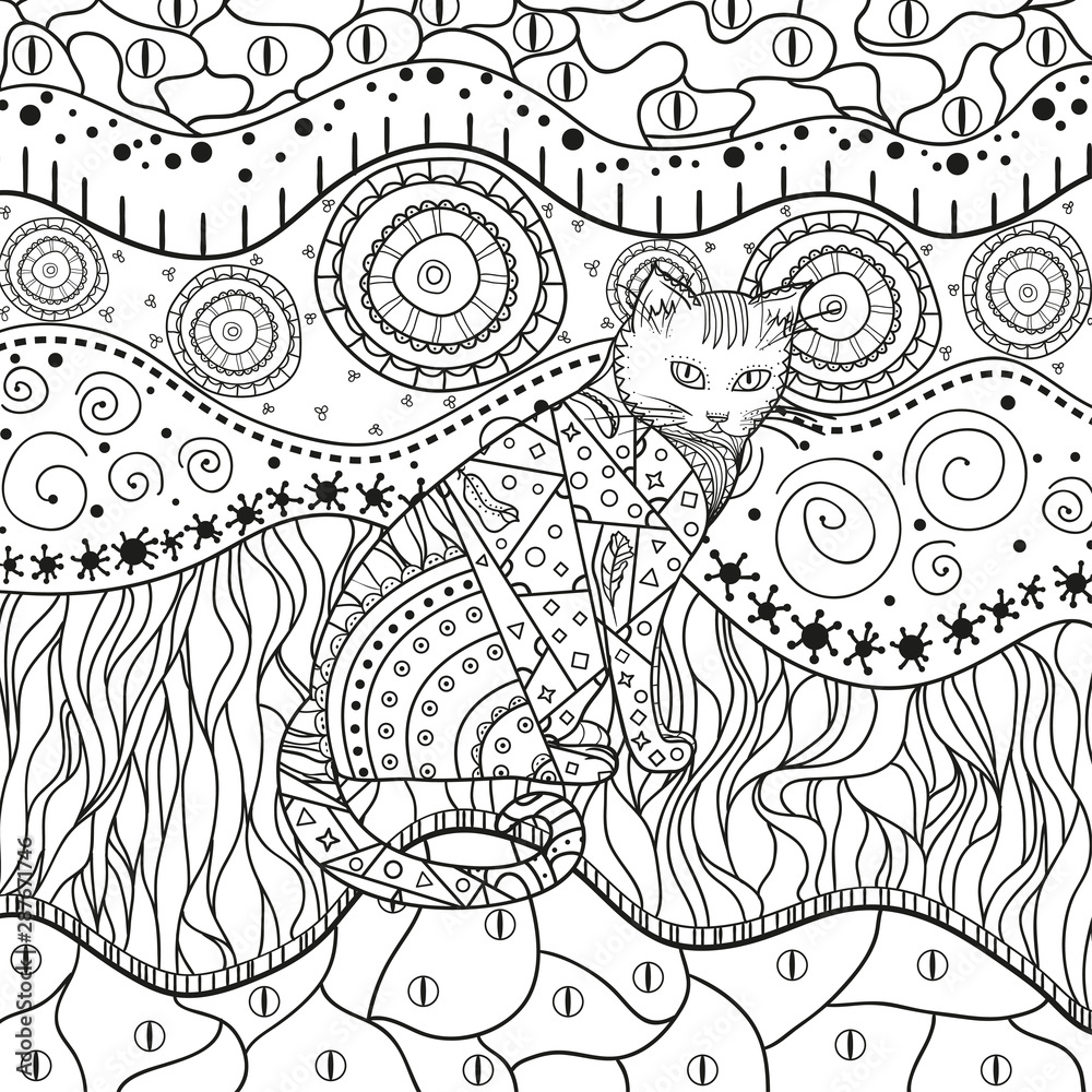 Ornate cat on pattern. Hand drawn abstract patterns on isolation background. Black and white illustration for anti stress colouring page Ornate cat on pattern. Hand drawn abstract patterns on isolation background. Black and white illustration for anti stress colouring page