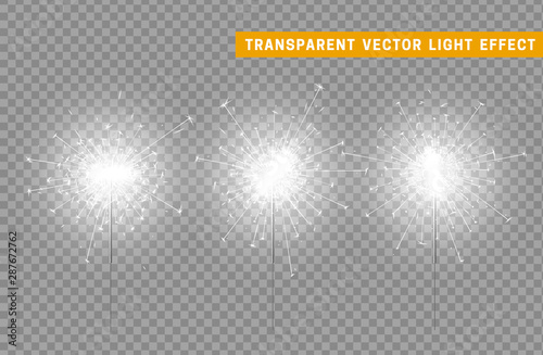 Festive Christmas sparkler decoration lighting element. Sparkler vector firework. Magic light isolated effect. For the background of the holiday and birthday