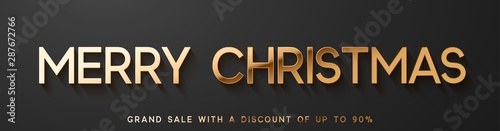 Merry Christmas Sale. Horizontal banner, poster, border for the website, logo golden color on black background.