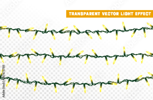 Christmas lights, Xmas decorations glowing golden garlands. For light design background.