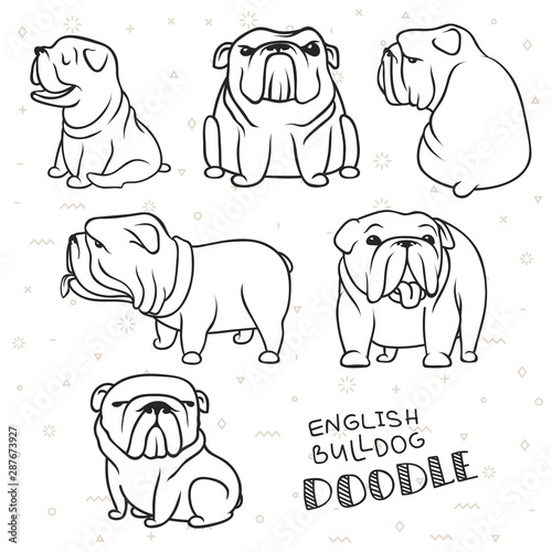 Dogs set characters. Doodle dog. Sticker dog english bulldog.