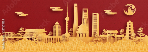 Panorama postcard and travel poster of world famous landmarks of Shanghai, China in paper cut style vector illustration