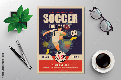 soccer tournament flyer template, simple retro design vector