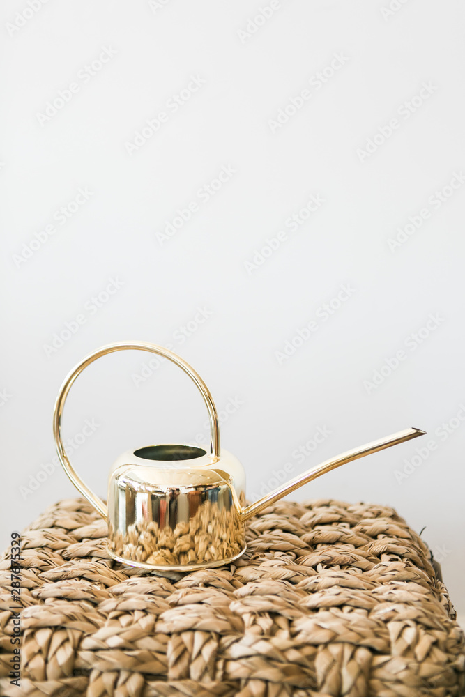 Golden watering can on woven pouf, white background, copy space
