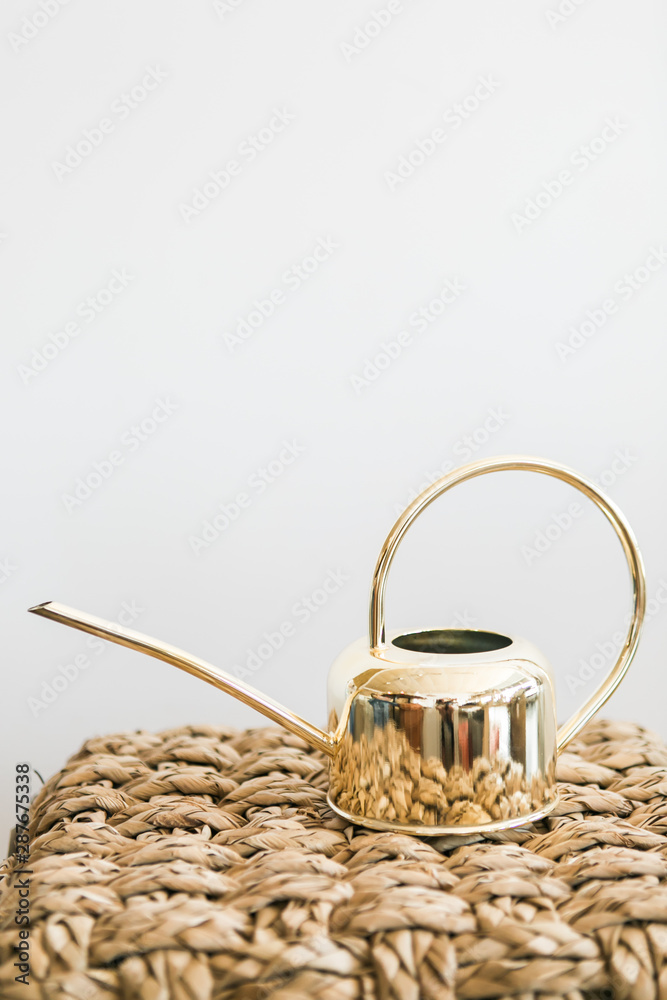 Golden watering can on woven pouf, white background, copy space