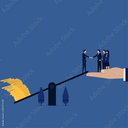 Business flat vector concept man lift up by money on scale metaphor of money politic.